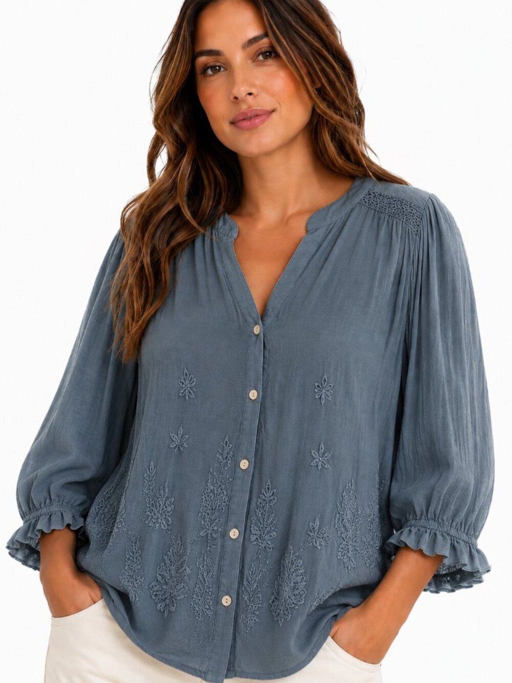 Democracy Embroidered Peasant Blouse Top Teal Size 1X Cottagecore Chic
